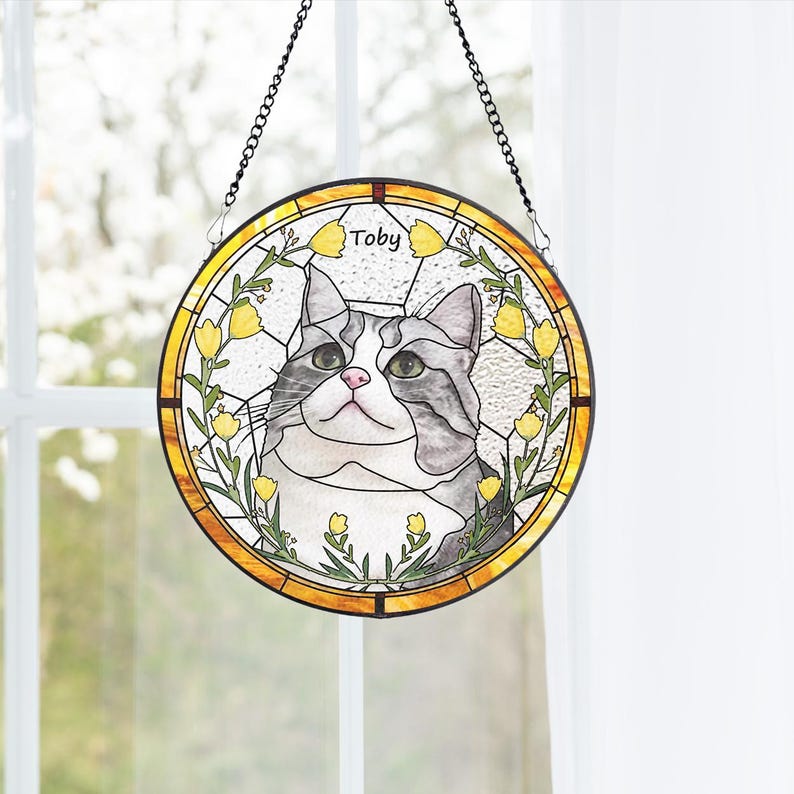 Custom Pet Portrait Stained Glass Suncatcher, Stained Glass cat Memorial, Custom cat Portrait from Photo, pet loss gifts , Stained glass cat