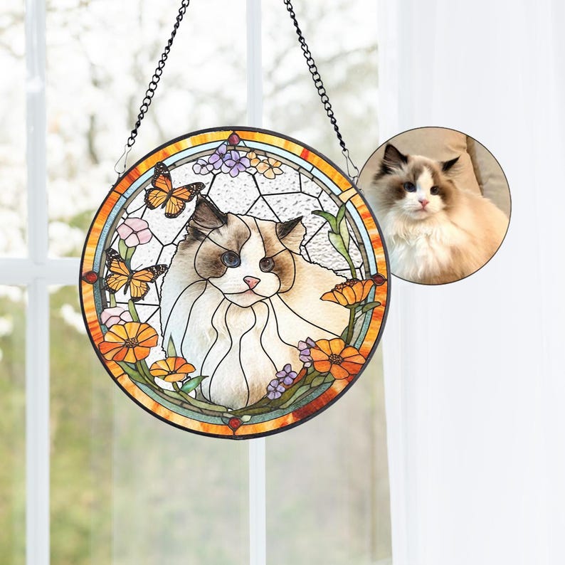 Custom Pet Portrait Stained Glass Suncatcher, Stained Glass cat Memorial, Custom cat Portrait from Photo, pet loss gifts , Stained glass cat