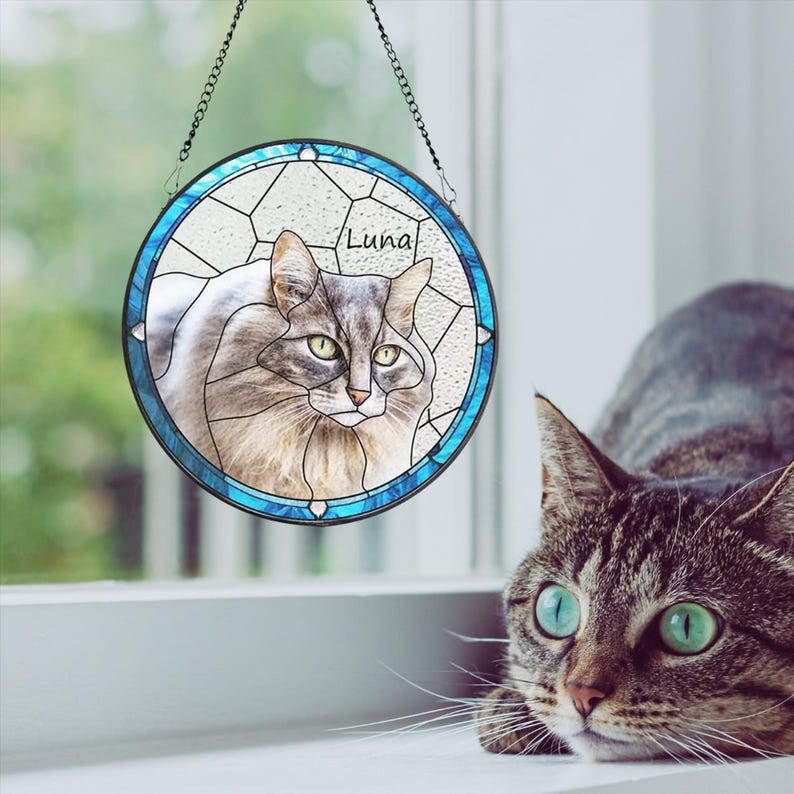 Custom Pet Portrait Stained Glass Suncatcher, Stained Glass cat Memorial, Custom cat Portrait from Photo, pet loss gifts , Stained glass cat