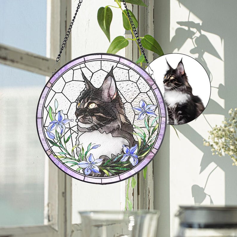 Custom Pet Portrait Stained Glass Suncatcher, Stained Glass cat Memorial, Custom cat Portrait from Photo, pet loss gifts , Stained glass cat