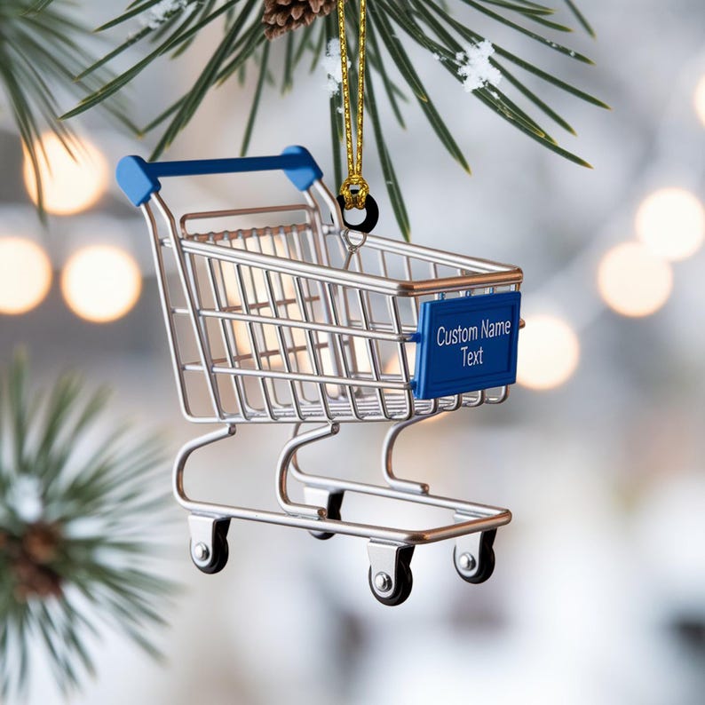 Custom Shopping Cart Christmas Ornament, Tree Hanging Decor, Flat 2D Acrylic, Personalized Retail Worker Gift for Husband Holiday Keepsake