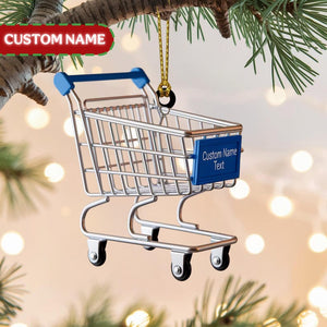 Custom Shopping Cart Christmas Ornament, Tree Hanging Decor, Flat 2D Acrylic, Personalized Retail Worker Gift for Husband Holiday Keepsake