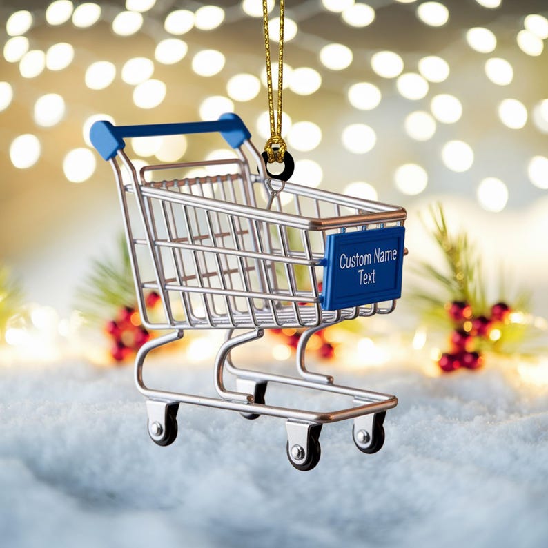Custom Shopping Cart Christmas Ornament, Tree Hanging Decor, Flat 2D Acrylic, Personalized Retail Worker Gift for Husband Holiday Keepsake