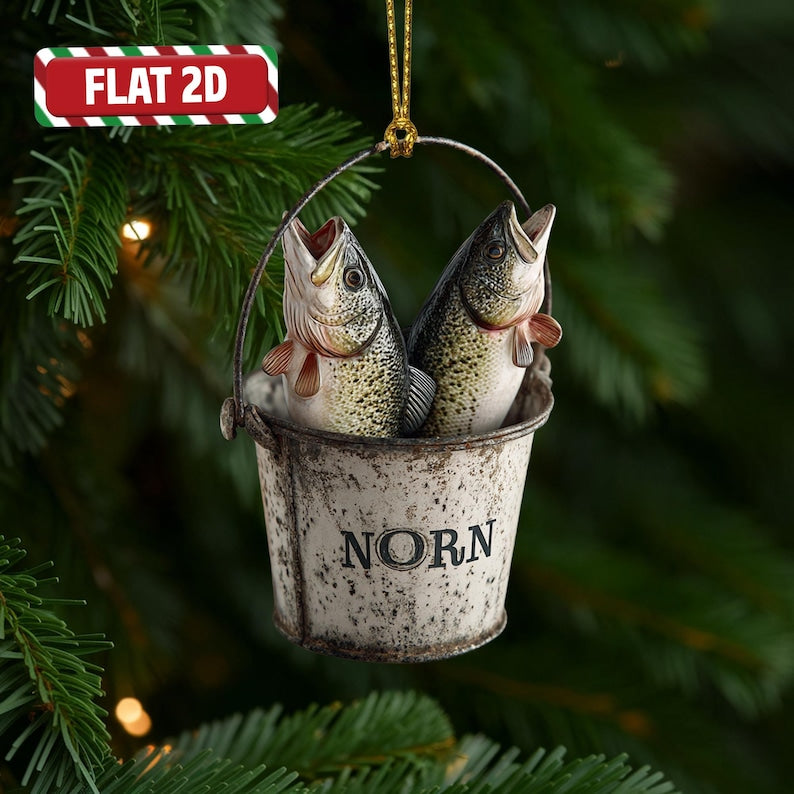 Custom Fishing Bucket Christmas Ornament, Tree Hanging Decor, Flat 2D Acrylic, Personalized Fisherman Gift for Husband Holiday Keepsake 2025