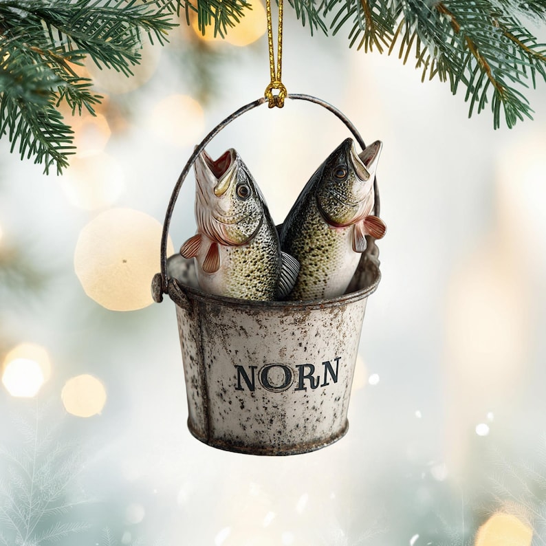 Custom Fishing Bucket Christmas Ornament, Tree Hanging Decor, Flat 2D Acrylic, Personalized Fisherman Gift for Husband Holiday Keepsake 2025