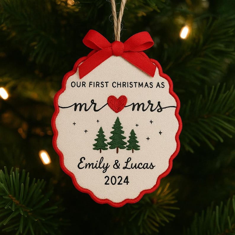 Personalized Embroidered First Christmas Ornament: Newlywed Gift