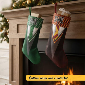Personalized 4 Magic Houses Xmas Stocking, Custom Name Wizard Shirt School Christmas Stockings, Custom Name Family Decor Gifts 2025