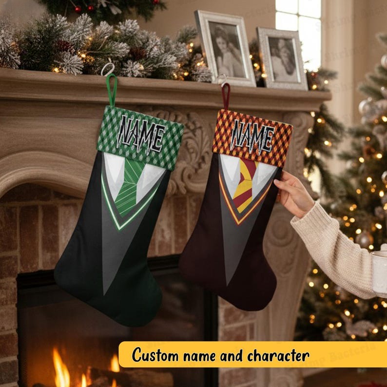 Personalized 4 Magic Houses Xmas Stocking, Custom Name Wizard Shirt School Christmas Stockings, Custom Name Family Decor Gifts 2025