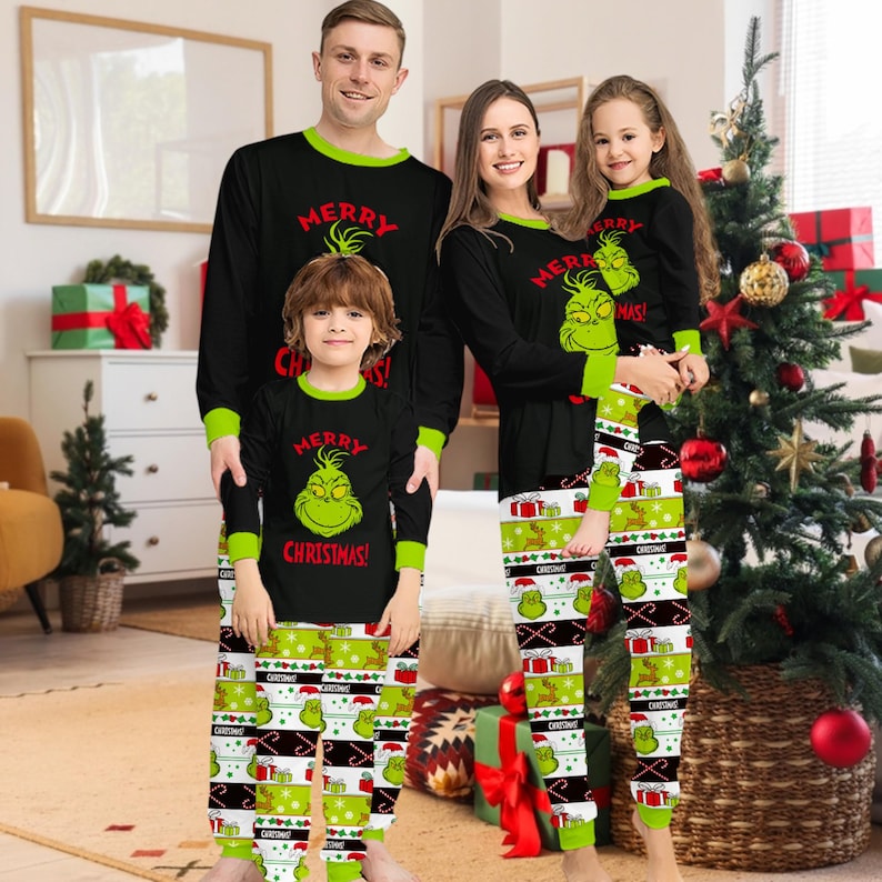 Grinch Family Matching Christmas Pajamas Set Holiday Sleepwear for Kids & Adults, Funny Xmas PJs, , Grinch PJs, Matching Holiday PJs