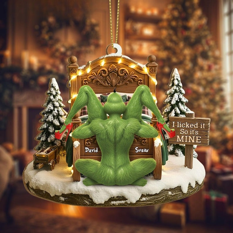 Personalized Merry Grinchmas Mr Mrs Couple Ornament, 2D Flat Green Monster Couple Christmas Ornament,Funny Anniversary Gift for Husband Wife