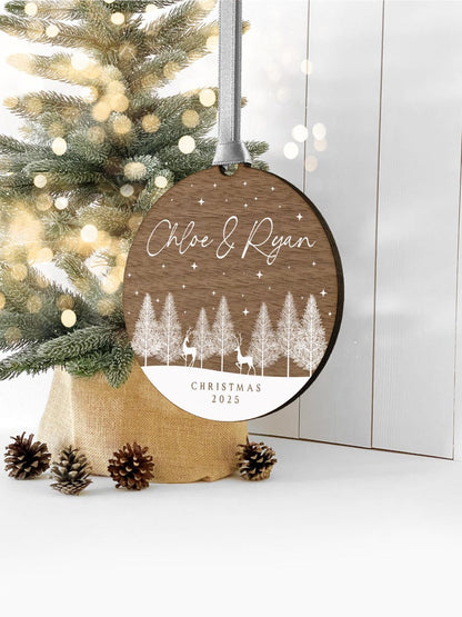 Personalised Wooden Couples Christmas Ornament Bauble, Keepsake Christmas Decoration for Girlfriend or Boyfriend