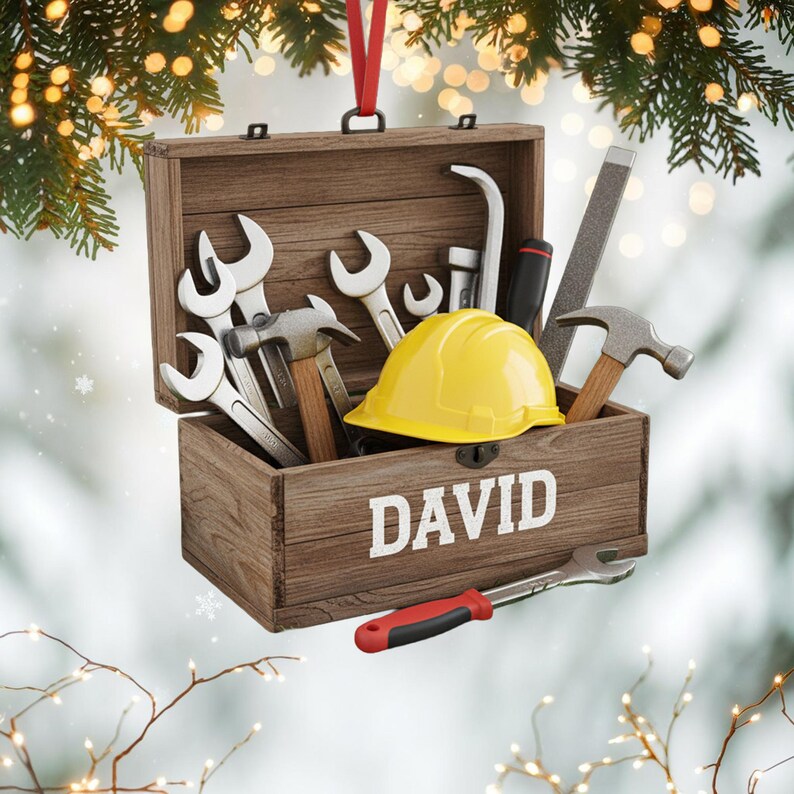 Custom Toolbox Christmas Ornament, Tree Hanging Decor, Flat 2D Acrylic, Personalized Handyman Gift for Husband Holiday Keepsake 2025