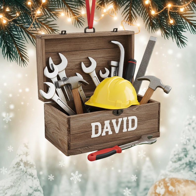 Custom Toolbox Christmas Ornament, Tree Hanging Decor, Flat 2D Acrylic, Personalized Handyman Gift for Husband Holiday Keepsake 2025