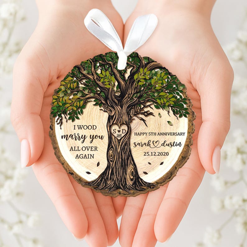 Personalized 5th Anniversary Wooden Ornament: Wood Anniversary Gift For Couples