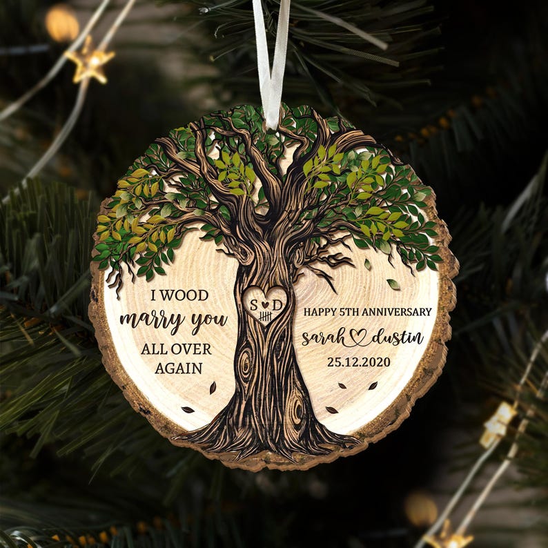 Personalized 5th Anniversary Wooden Ornament: Wood Anniversary Gift For Couples