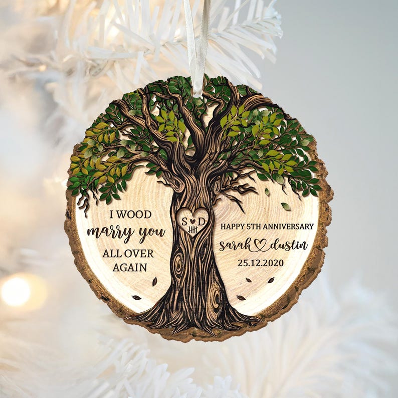 Personalized 5th Anniversary Wooden Ornament: Wood Anniversary Gift For Couples