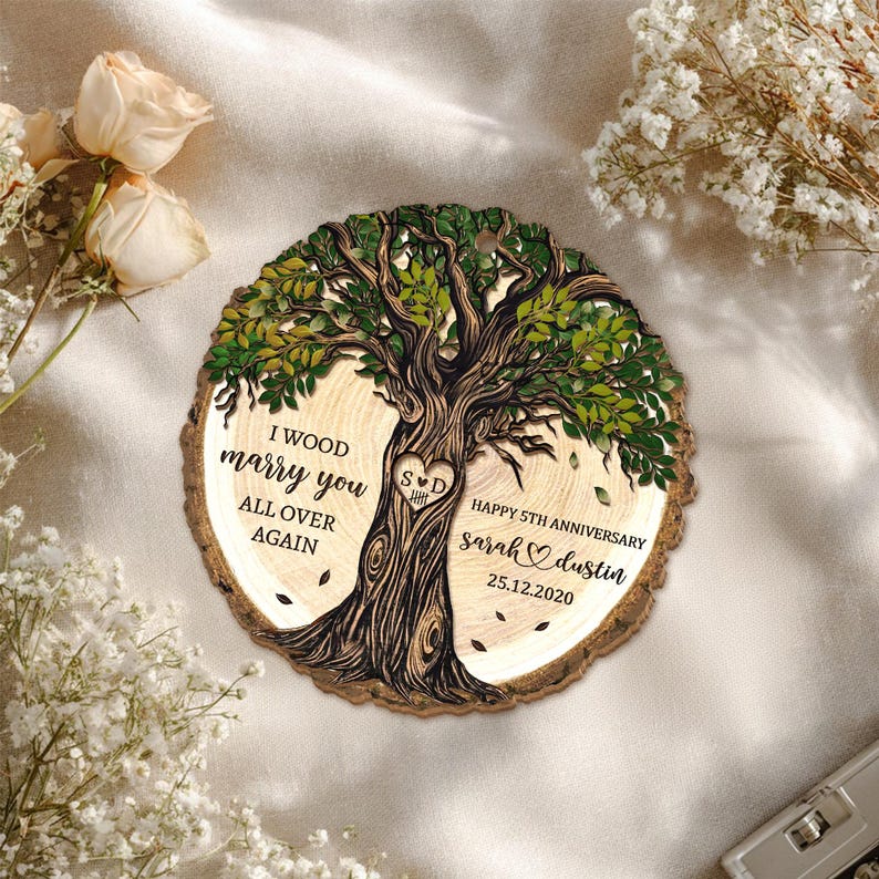 Personalized 5th Anniversary Wooden Ornament: Wood Anniversary Gift For Couples