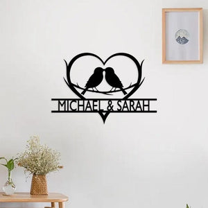 Personalized Love Birds Metal Wall Art ,Metal Engagement Sign,Custom Name Heart Decor, Anniversary & Wedding Gift