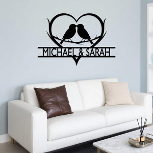 Personalized Love Birds Metal Wall Art ,Metal Engagement Sign,Custom Name Heart Decor, Anniversary & Wedding Gift
