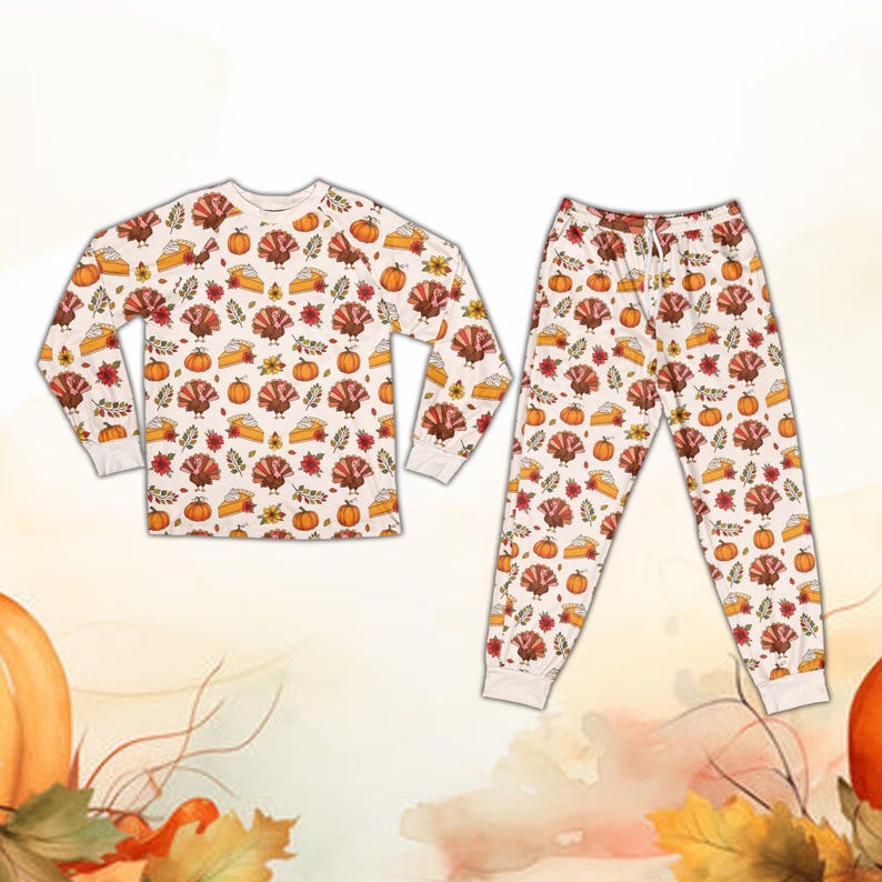 Cute Fall Thanksgiving Pajamas, Turkey Pumpkin Pie Long Sleeve Two Piece Pajama Set, Cozy Season Pajamas, Matching Family Thanksgiving PJs
