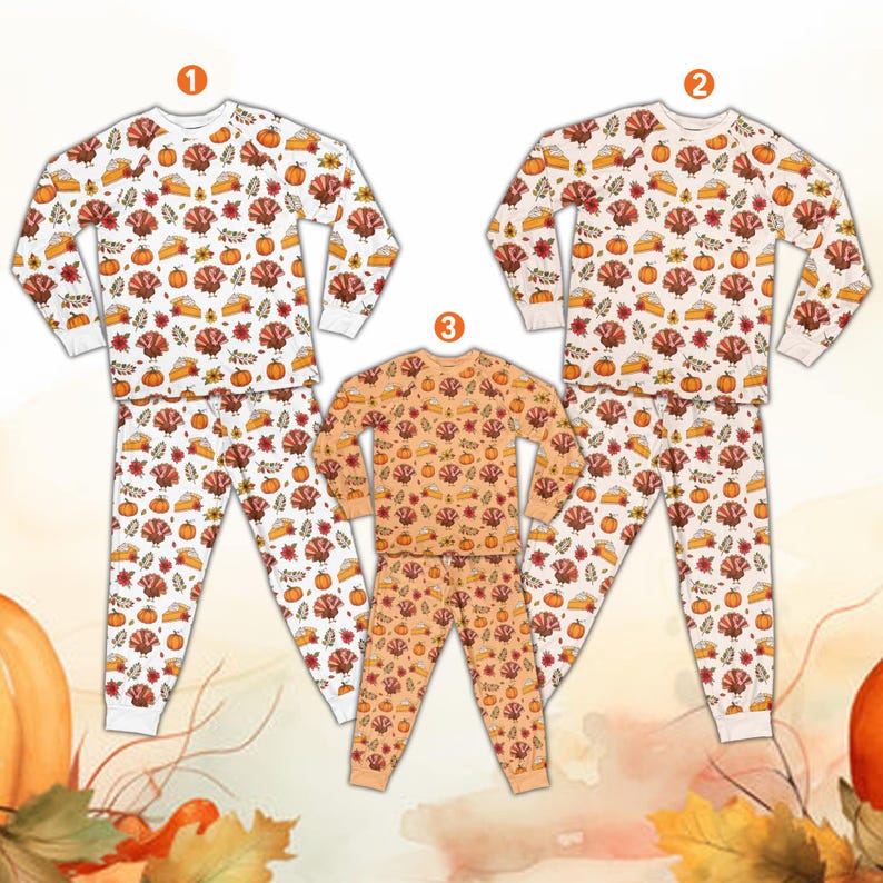Cute Fall Thanksgiving Pajamas, Turkey Pumpkin Pie Long Sleeve Two Piece Pajama Set, Cozy Season Pajamas, Matching Family Thanksgiving PJs
