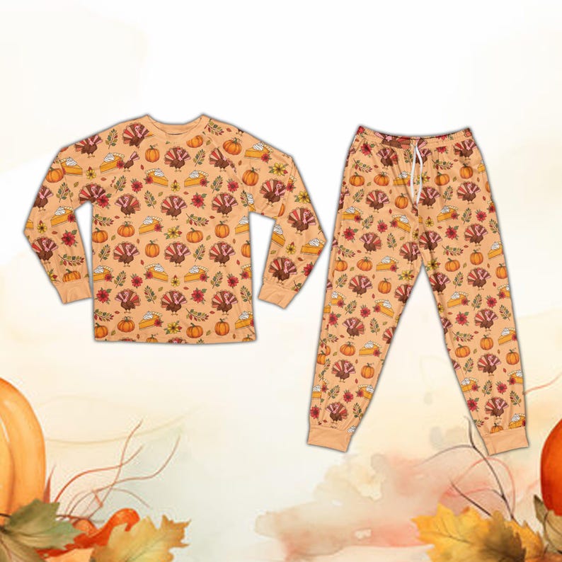 Cute Fall Thanksgiving Pajamas, Turkey Pumpkin Pie Long Sleeve Two Piece Pajama Set, Cozy Season Pajamas, Matching Family Thanksgiving PJs