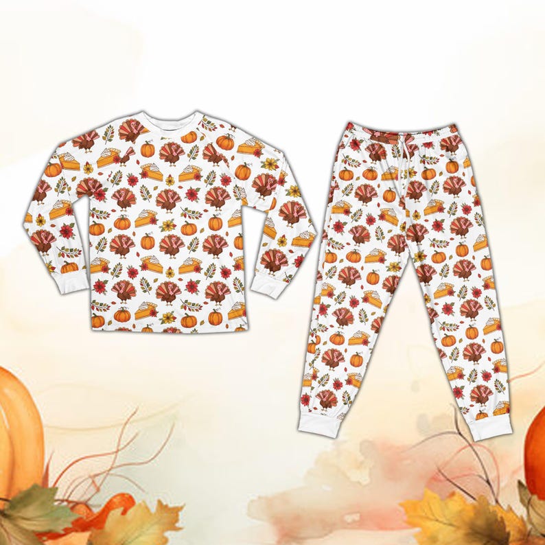 Cute Fall Thanksgiving Pajamas, Turkey Pumpkin Pie Long Sleeve Two Piece Pajama Set, Cozy Season Pajamas, Matching Family Thanksgiving PJs