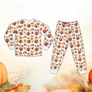 Cute Fall Thanksgiving Pajamas, Turkey Pumpkin Pie Long Sleeve Two Piece Pajama Set, Cozy Season Pajamas, Matching Family Thanksgiving PJs