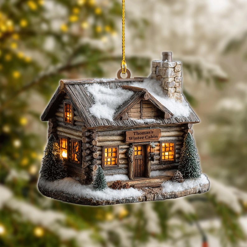 Personalized Winter Cabin Ornament - Custom Log Cabin Christmas Decoration - Rustic Lodge Keepsake for Holiday Tree, 2D Flat ornament