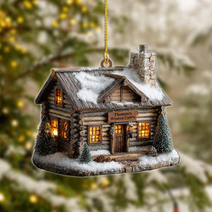 Personalized Winter Cabin Ornament - Custom Log Cabin Christmas Decoration - Rustic Lodge Keepsake for Holiday Tree, 2D Flat ornament