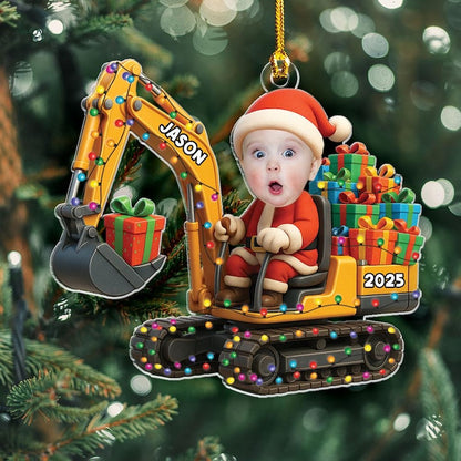 Personalized Excavator Christmas Ornament 2D Flat Acrylic Gift For Boys Custom Photo Ornament Construction Vehicles Excavator Ornament Name
