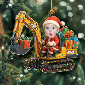 Personalized Excavator Christmas Ornament 2D Flat Acrylic Gift For Boys Custom Photo Ornament Construction Vehicles Excavator Ornament Name