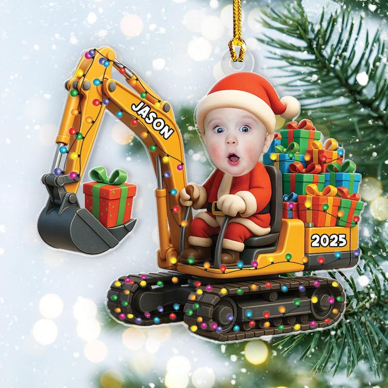 Personalized Excavator Christmas Ornament 2D Flat Acrylic Gift For Boys Custom Photo Ornament Construction Vehicles Excavator Ornament Name