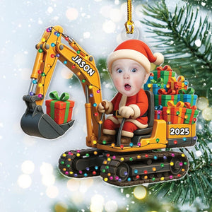 Personalized Excavator Christmas Ornament 2D Flat Acrylic Gift For Boys Custom Photo Ornament Construction Vehicles Excavator Ornament Name