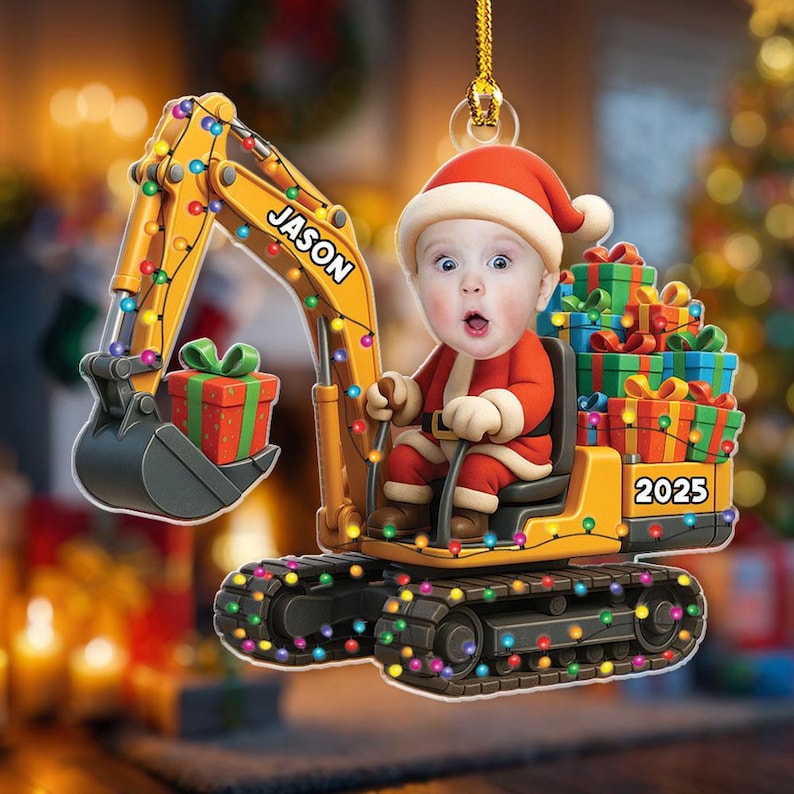 Personalized Excavator Christmas Ornament 2D Flat Acrylic Gift For Boys Custom Photo Ornament Construction Vehicles Excavator Ornament Name