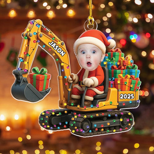 Personalized Excavator Christmas Ornament 2D Flat Acrylic Gift For Boys Custom Photo Ornament Construction Vehicles Excavator Ornament Name