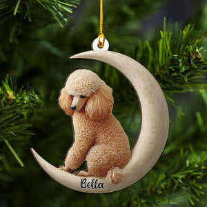 Personalized Poodle Dog on Moon wood Ornament Flat 2D Cutout Holiday Tree Decor Gift for Pet Lovers, Families, Puppy Keepsake