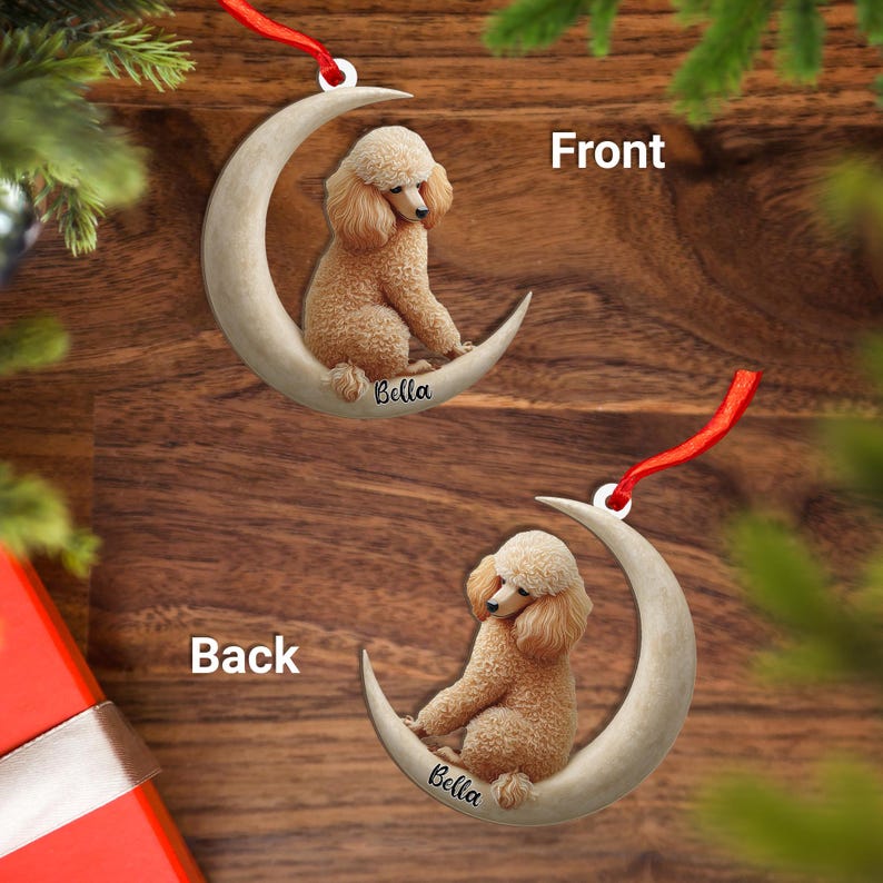 Personalized Poodle Dog on Moon wood Ornament Flat 2D Cutout Holiday Tree Decor Gift for Pet Lovers, Families, Puppy Keepsake