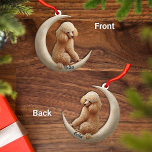 Personalized Poodle Dog on Moon wood Ornament Flat 2D Cutout Holiday Tree Decor Gift for Pet Lovers, Families, Puppy Keepsake