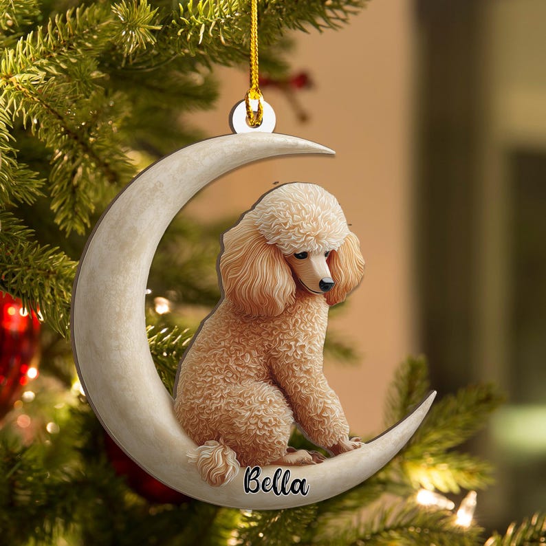 Personalized Poodle Dog on Moon wood Ornament Flat 2D Cutout Holiday Tree Decor Gift for Pet Lovers, Families, Puppy Keepsake