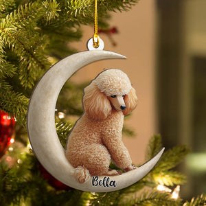 Personalized Poodle Dog on Moon wood Ornament Flat 2D Cutout Holiday Tree Decor Gift for Pet Lovers, Families, Puppy Keepsake