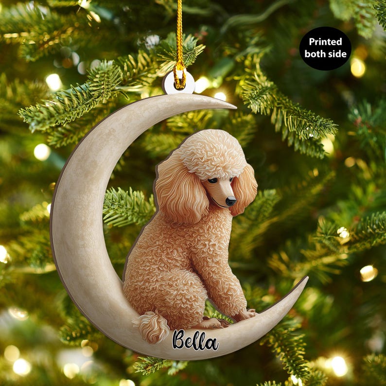 Personalized Poodle Dog on Moon wood Ornament Flat 2D Cutout Holiday Tree Decor Gift for Pet Lovers, Families, Puppy Keepsake