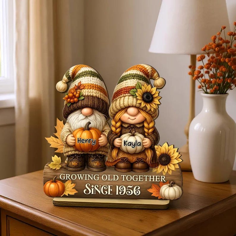 Gnome Couple Growing Old Together Plaque, Personalized Standing Wooden Plaque, Fall Decor for Couple, Husband, Wife