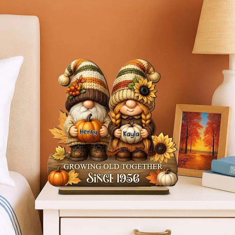 Gnome Couple Growing Old Together Plaque, Personalized Standing Wooden Plaque, Fall Decor for Couple, Husband, Wife