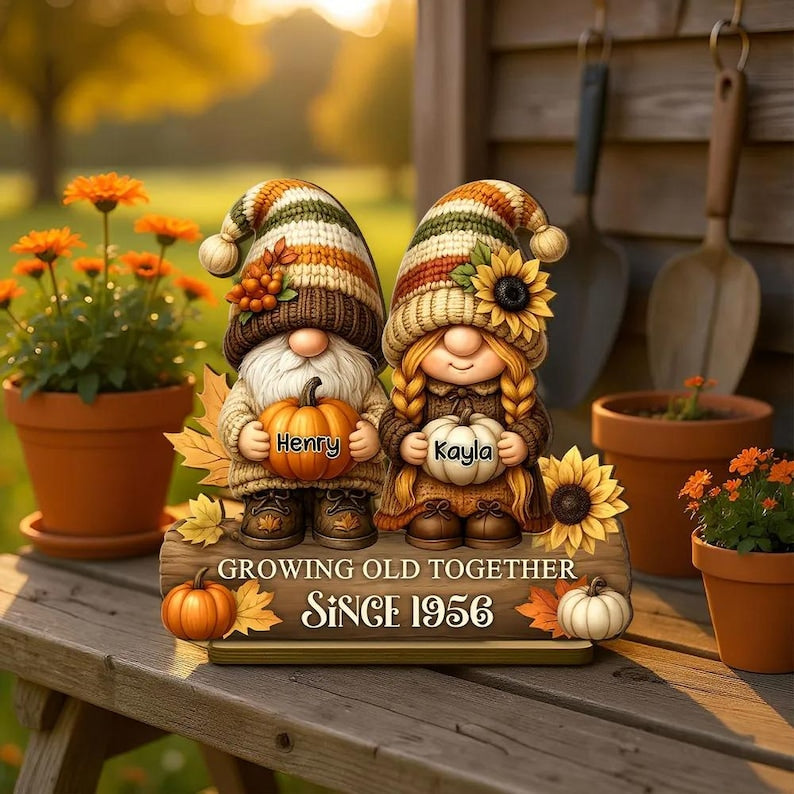 Gnome Couple Growing Old Together Plaque, Personalized Standing Wooden Plaque, Fall Decor for Couple, Husband, Wife