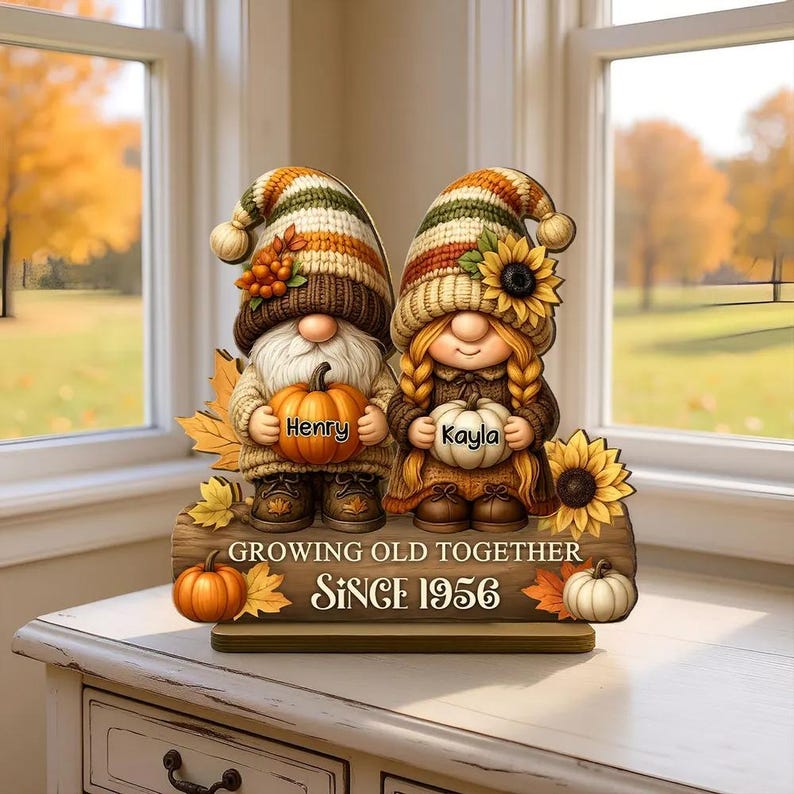 Gnome Couple Growing Old Together Plaque, Personalized Standing Wooden Plaque, Fall Decor for Couple, Husband, Wife