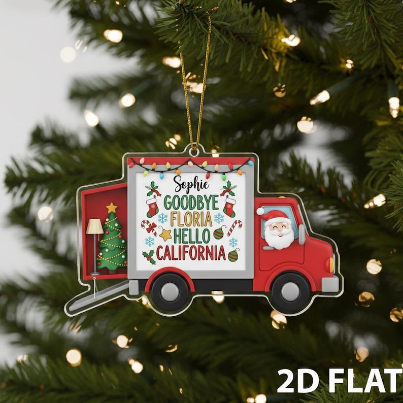 Personalized Moving Truck 2D FLAT Christmas Ornament, Custom Goodbye Hello State Xmas Decor, New Home Gift, Relocation Holiday Keepsake