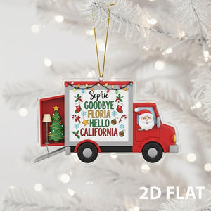 Personalized Moving Truck 2D FLAT Christmas Ornament, Custom Goodbye Hello State Xmas Decor, New Home Gift, Relocation Holiday Keepsake
