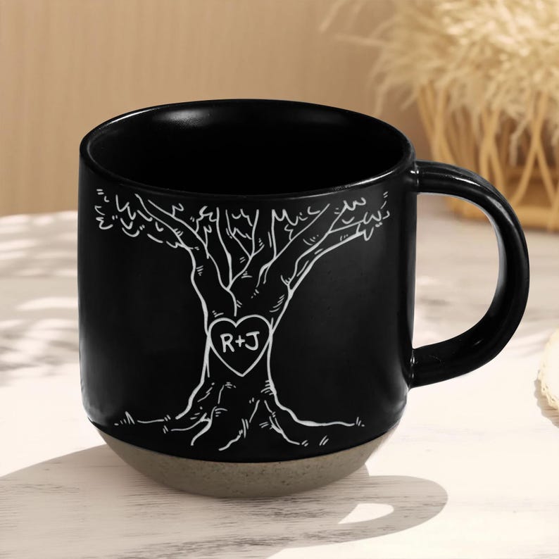 Personalised Engraved Couple Pottery Mug, Custom Carved Initials In A Heart Tree Wedding Mug, Engagement Gifts, Wedding Gifts, Bridal Shower