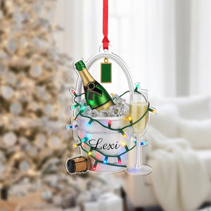 Personalized Champagne Bucket Ornament with Lights, Custom Name Acrylic Christmas Ornament, Celebration Wine Lover Gift Decoration